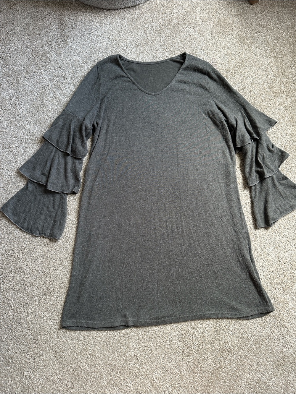 Layered Ruffle Sleeve Tunic Dress - Olive Green